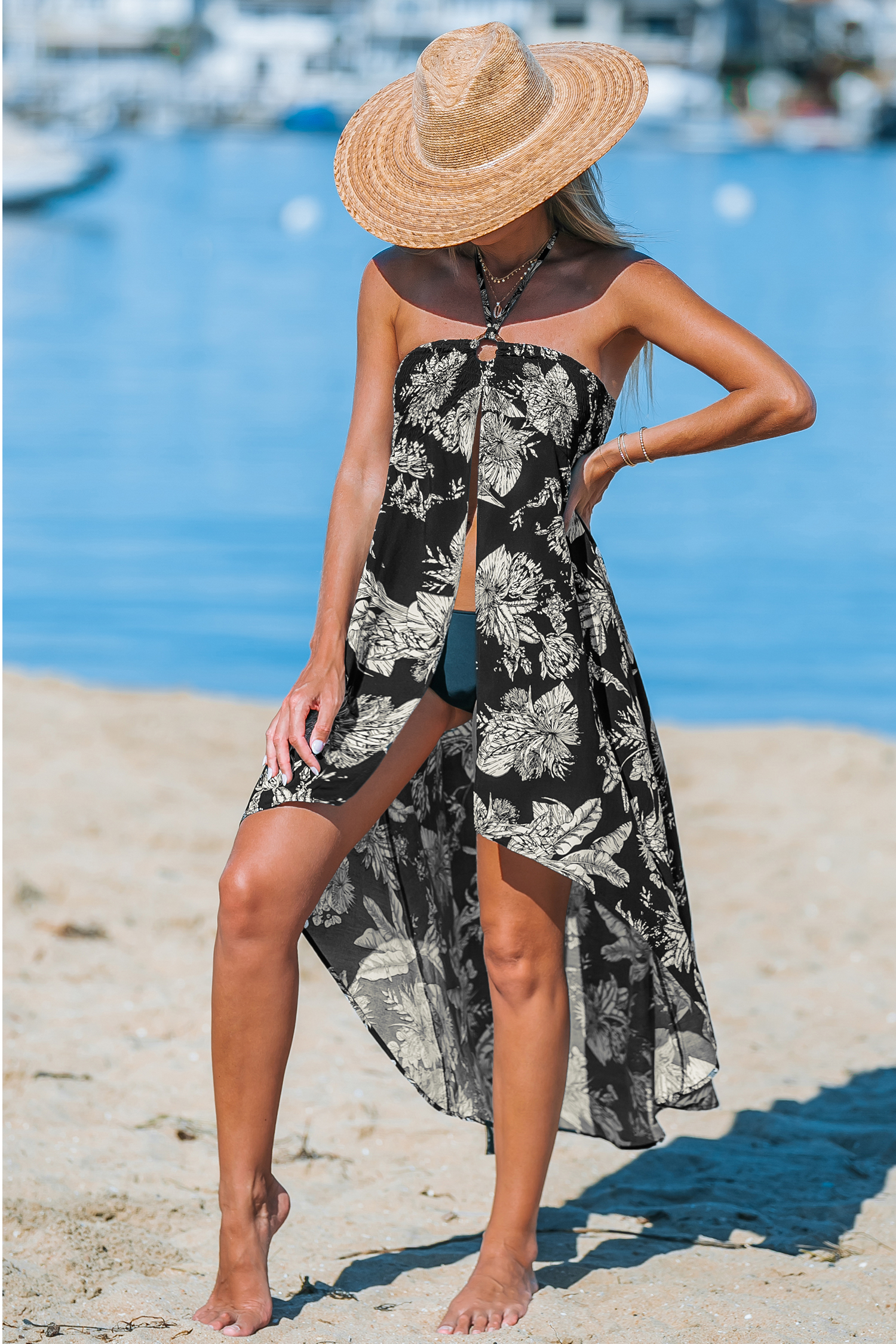 Robe cover up ouverte à col licou tropicale noire