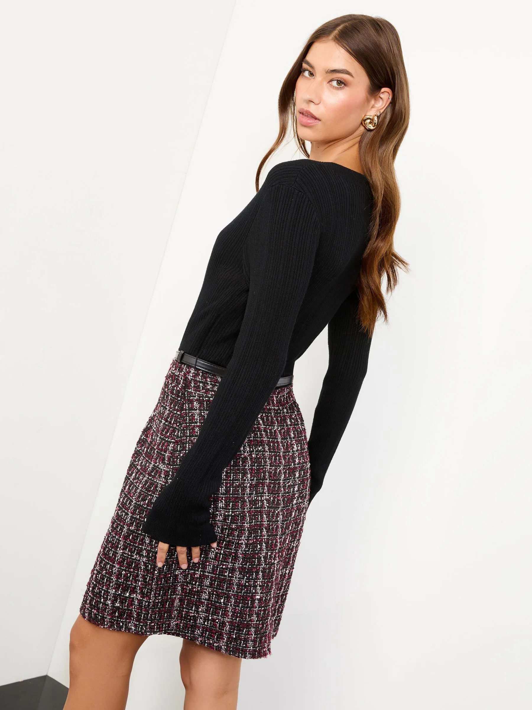 Lipsy Mini Boucle Check 2-in-1 V-Neck Knitted Dress