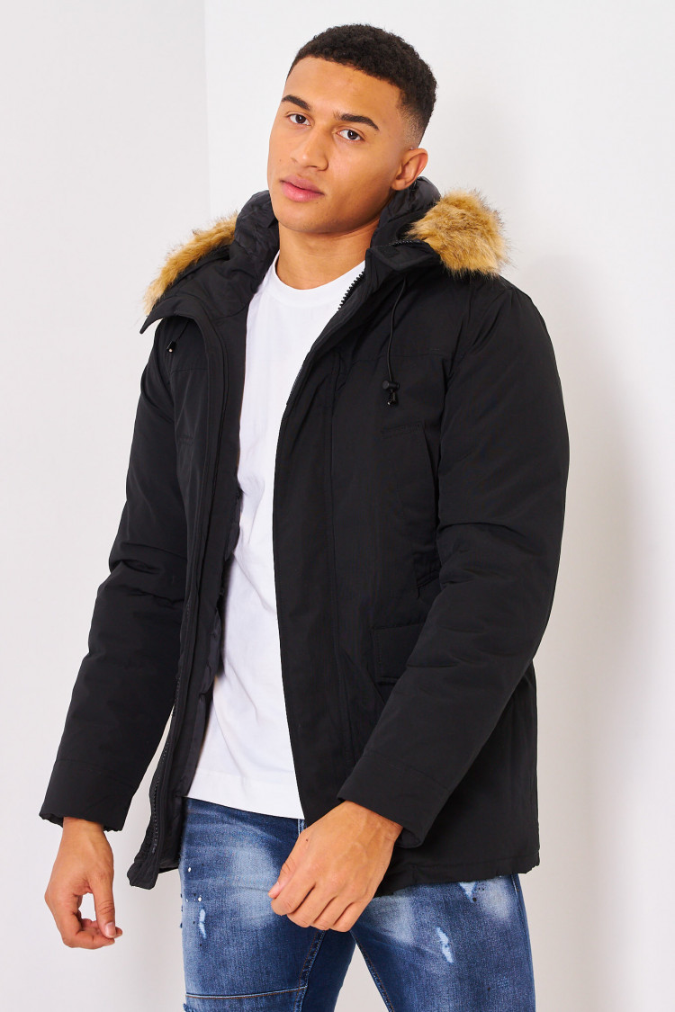 Parka noire capuche fausse fourrure