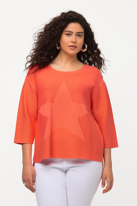 Pullover, Krausstrick, Stern, Rundhals, 3/4-Arm