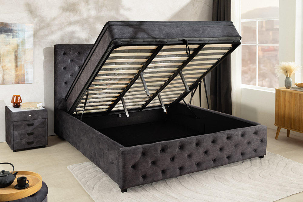 Boxbett PARIS 160x200cm grau Samt mit Stauraum inkl. Matratze und Topper