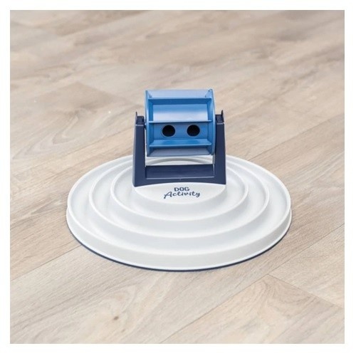 Alimentador interativo Trixie com roda, azul e branco, para gatos.