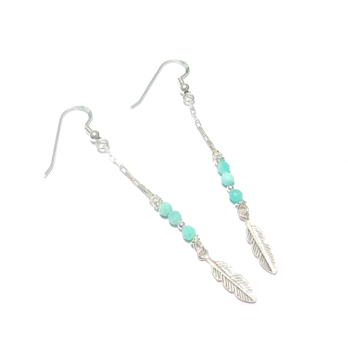 Boucles D'oreilles Plumes Argent 925 Et Amazonite