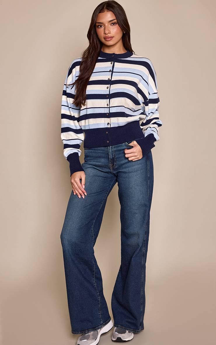 Bleu Cardigan En Maille Compacte À Rayures