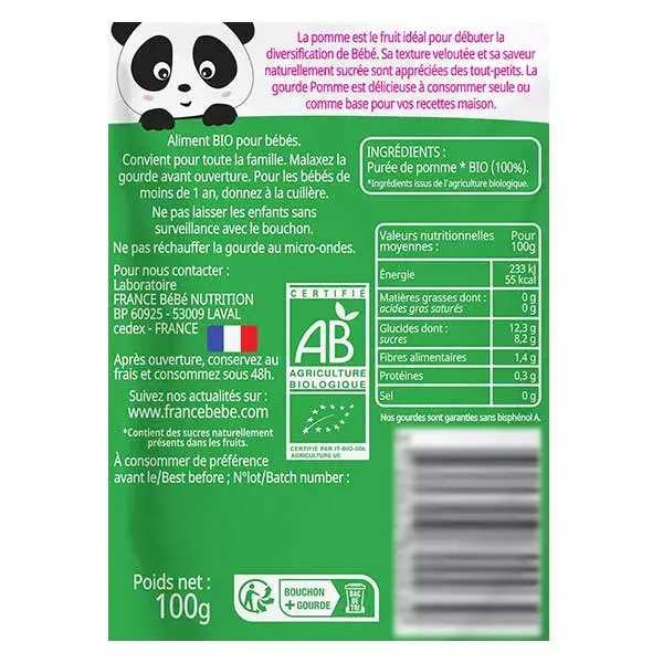 França Bébé Bio Maçã Bolsa +4m 100g