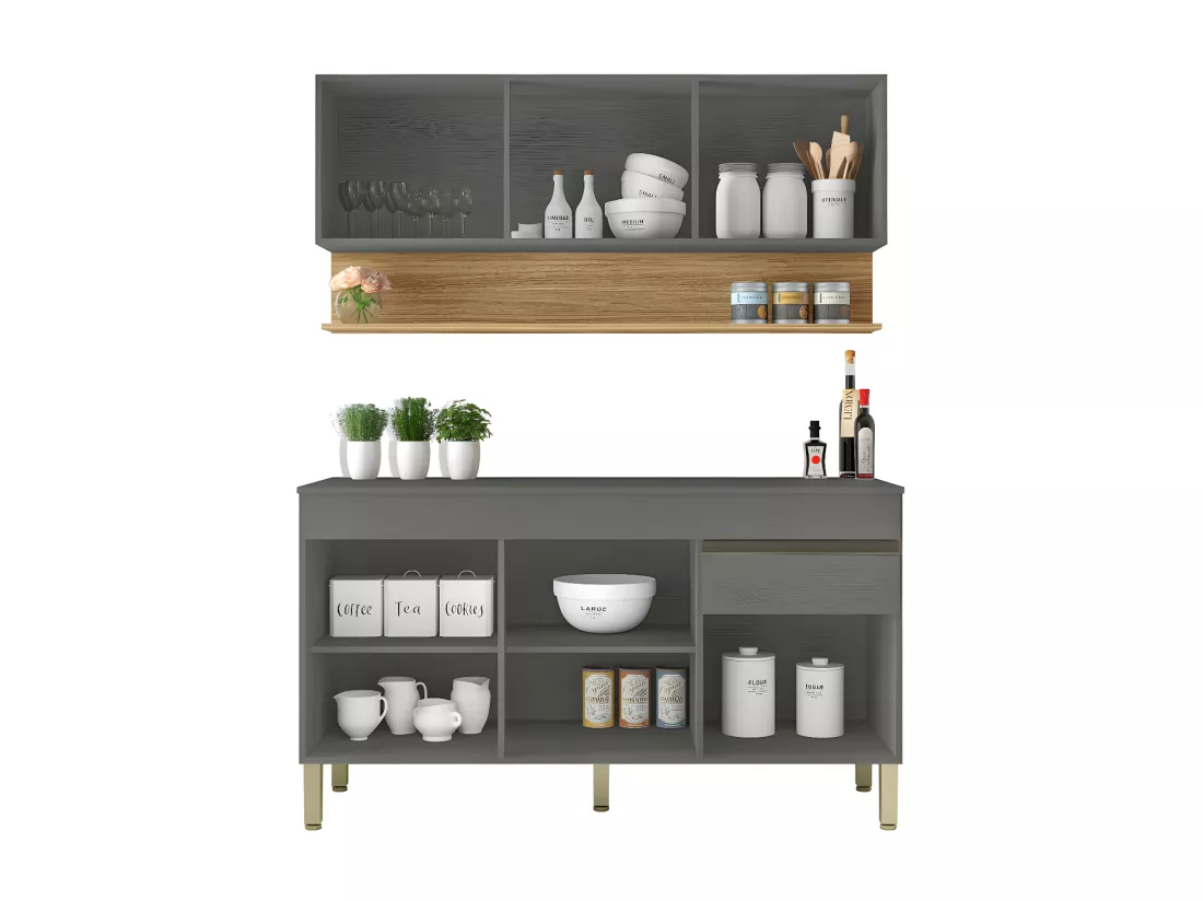 Cuisine Equipée 6 Portes 1 Tiroir Chêne et Gris L 150 H 200 P 53.3 cm