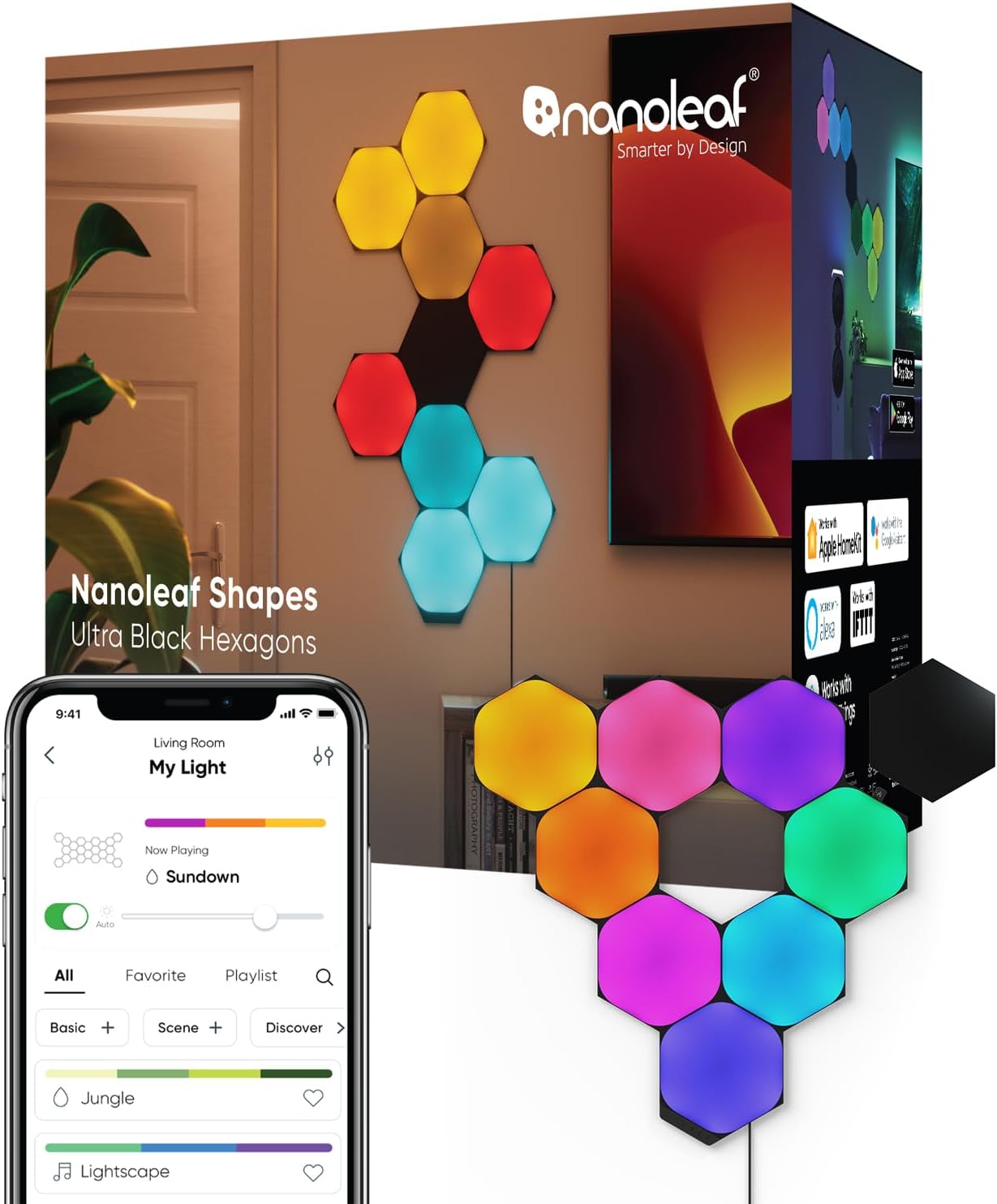 Nanoleaf Shapes Ultra Black Hexagon Starter Kit, 9 Smarten LED Panels RGBW - Modulare WLAN 16 Mio. Farben Wandleuchte Innen, Musik & Bildschirm Sync, Funktioniert mit