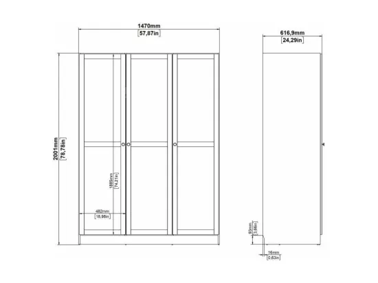 Garde-robe 3 portes Dsens, Meubles de chambre, Penderie de plain-pied, Placard à vêtements, 147x62 h200 cm, Chêne clair