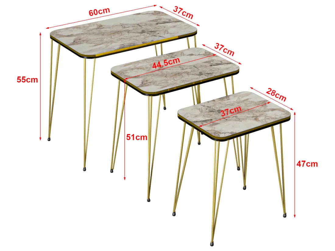 Set de 3 tables d'appoint Rudkøbing rectangulaires gigognes marbre blanc or [en.casa]