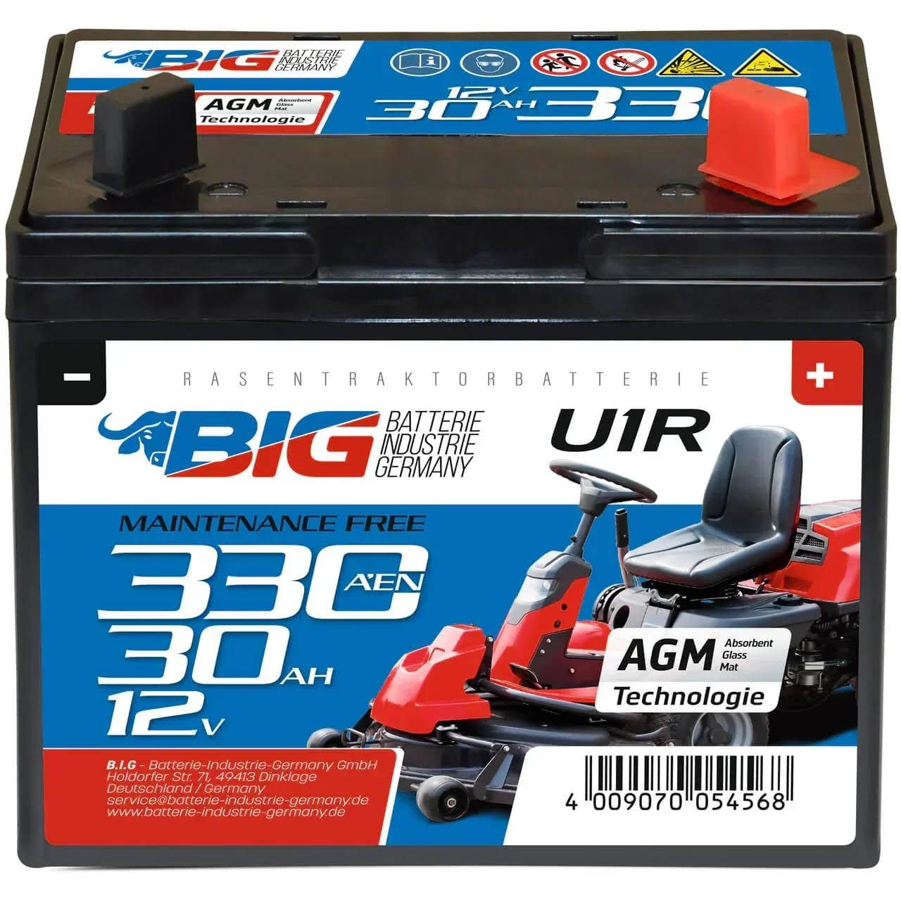 BIG U1R AGM 12V 30Ah 330A/EN Rasentraktor Rasenmäher Aufsitzmäher Batterie