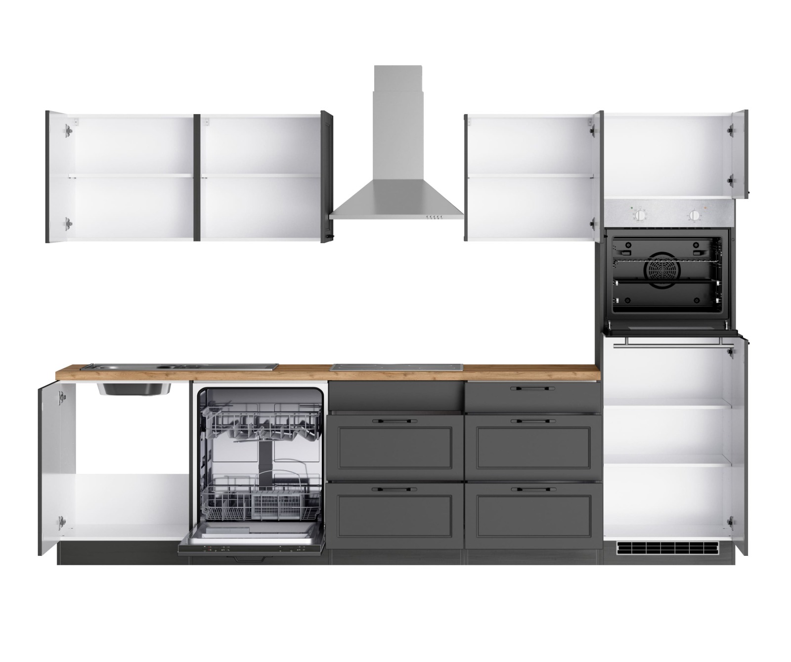 Küchenzeile MERAN - grau - Wotaneiche - mit E-Geräten - Induktionskochfeld - 300 cm