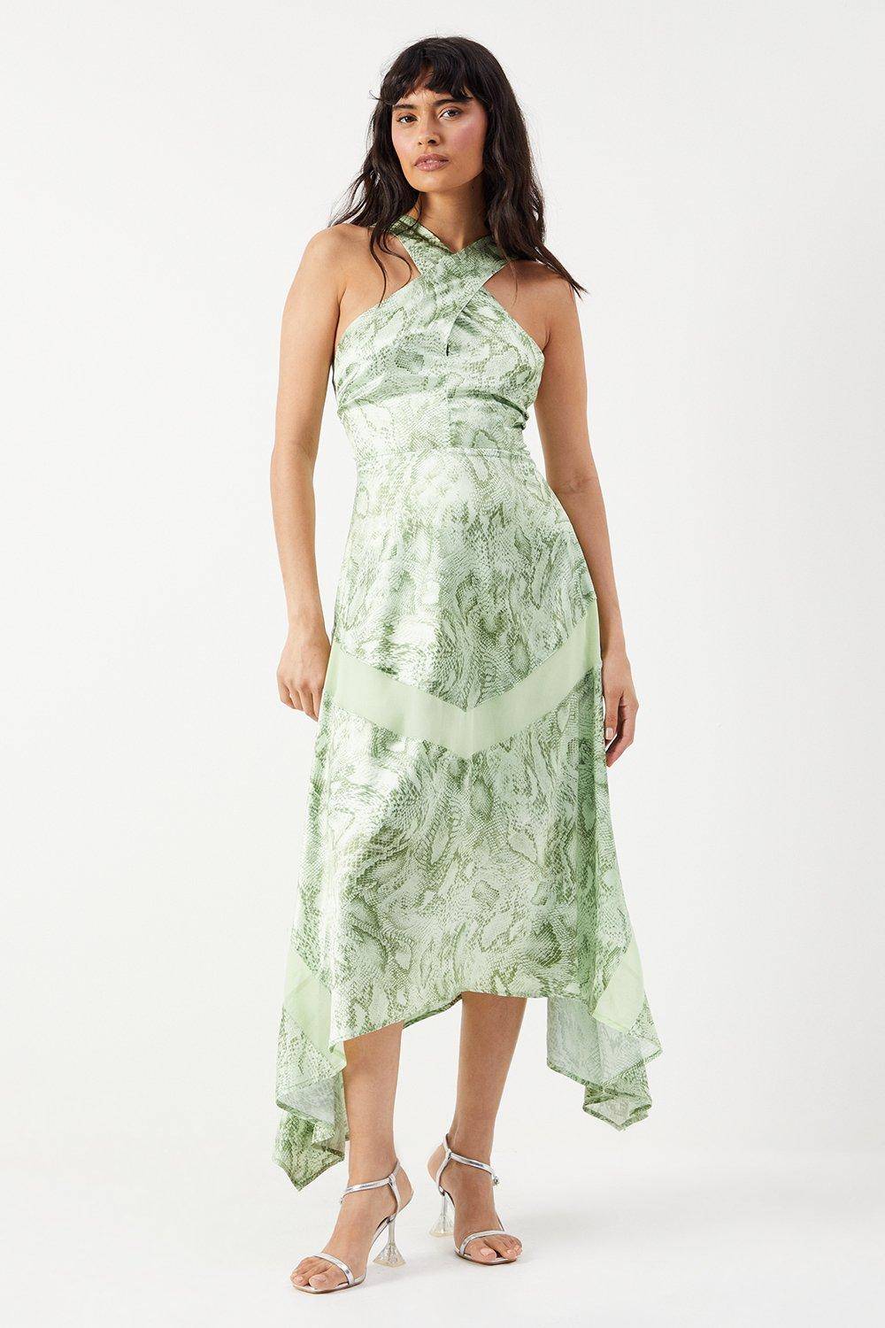 Warehouse Robe Midi à Imprimé synthétique en Satin avec Insert en Mousseline et Ourlet Asymétrique