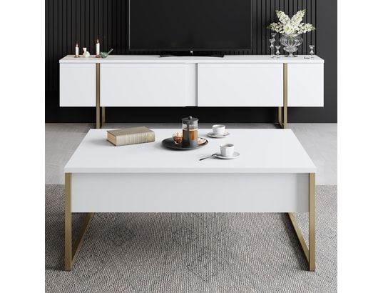 CONCEPT1 - Meuble TV Luxe - Blanc, Or 180 x 30 x 50