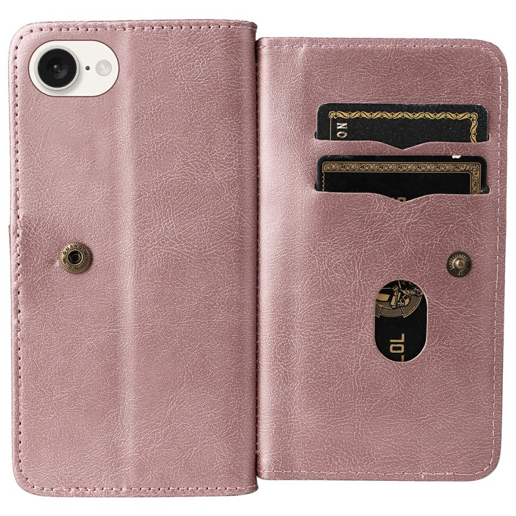 iPhone 16e Leder Tasche Flip Cover Kartenfächer mit Druckknopfverschluss - Roségold