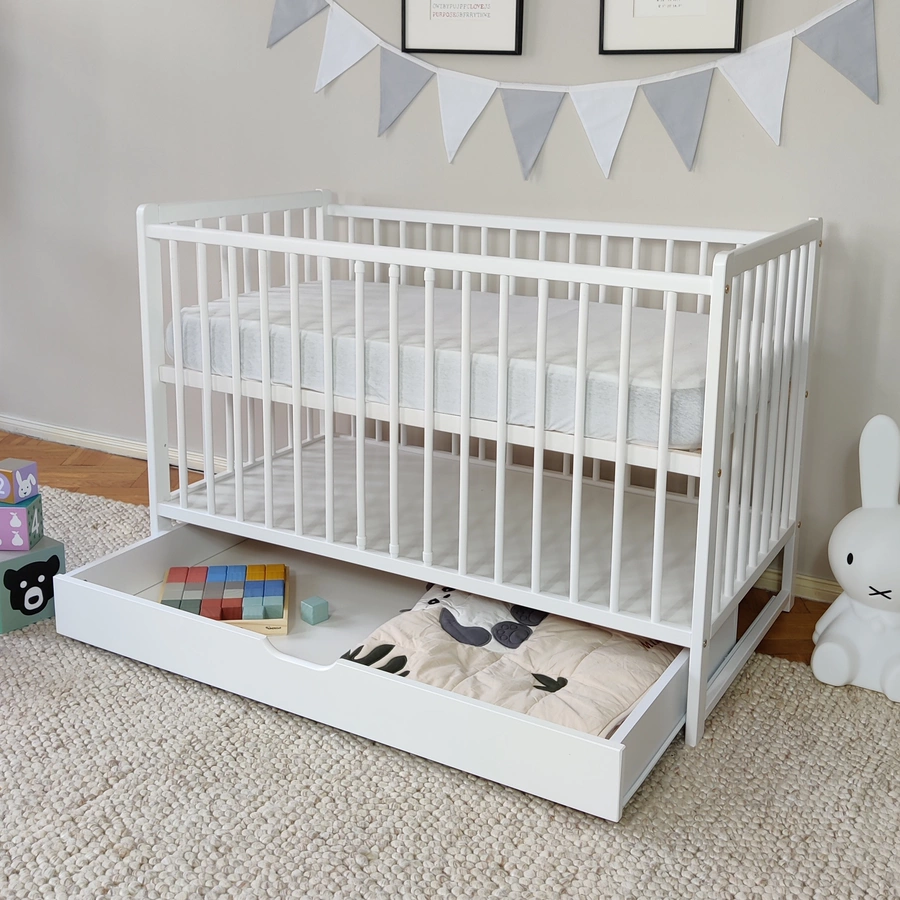 Kids Collective Babybett Gitterbett 60x120 höhenverstellbar & herausnehmbare Sprossen weiß mit Schublade