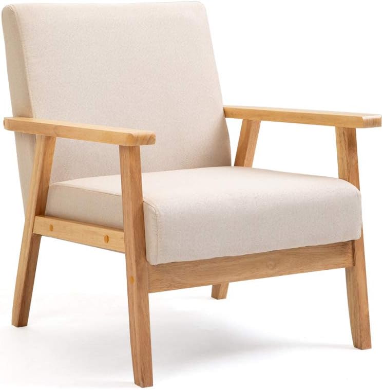 Mingone Sessel Gepolsterter Cocktailsessel Skandinavischer Stil Loungesessel Modern Einzelsofa Massivholz für Wohnzimmer Schlafzimmer Beige,64.5x67x73.5 cm