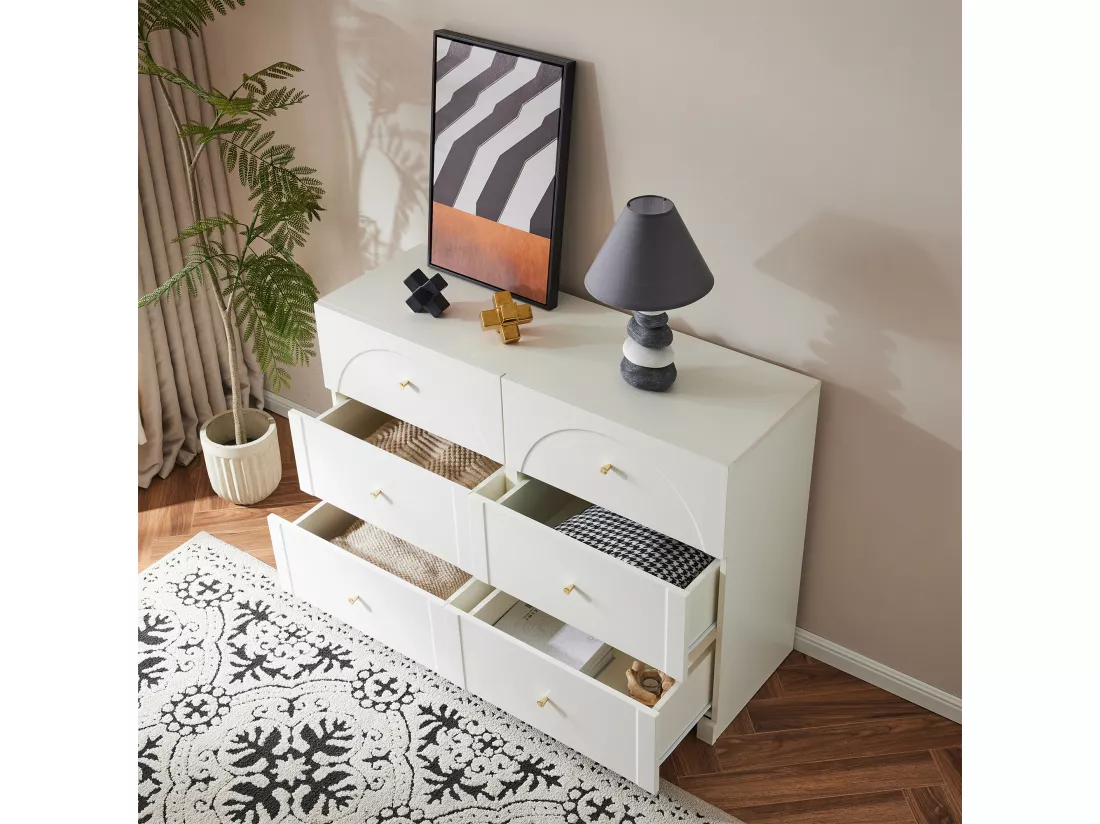 Commode avec 6 tiroirs pour salon et chambre à coucher - 120 x 40 x 82 cm - panneaux de particules - Blanc