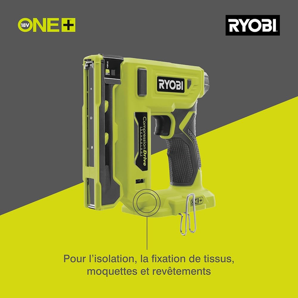 RYOBI - Agrafeuse 18V - agrafes dos 9,4 mm, longueur 6,35 mm à 14,3 mm - chargeur 90 agrafes - Livrée avec agrafes et crochet de maintien - R18ST50-0 : Bricolage