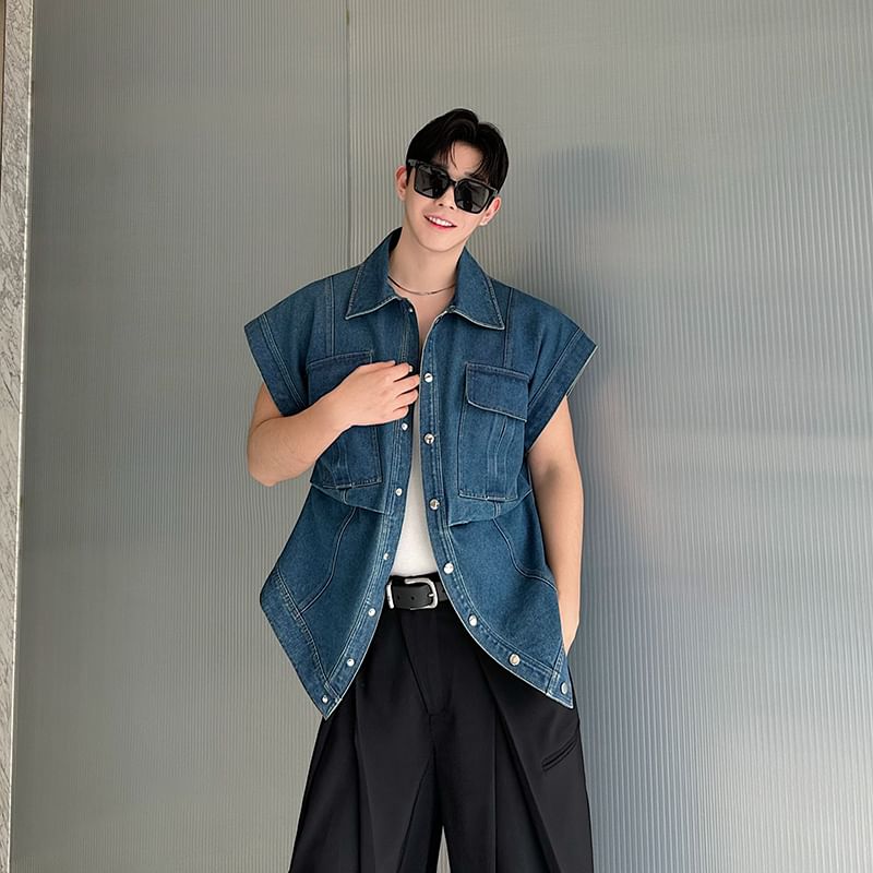 Patow - Gewassen denim jasje met korte mouwen, kraag en knopen