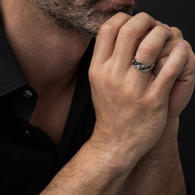 Bague Homme Argent Chaine Moderne Sertie Zirconium Noir