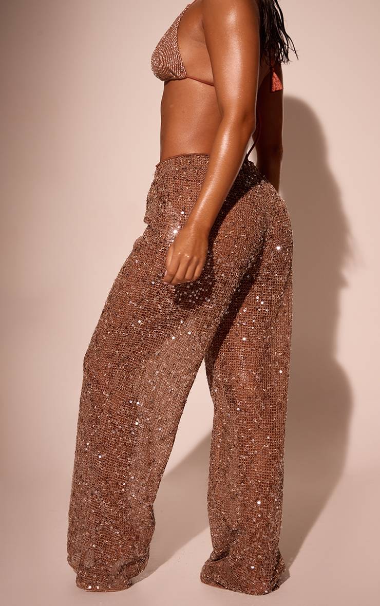 Marron Pantalon De Plage Transparent À Sequins Avec Cordon De Serrage