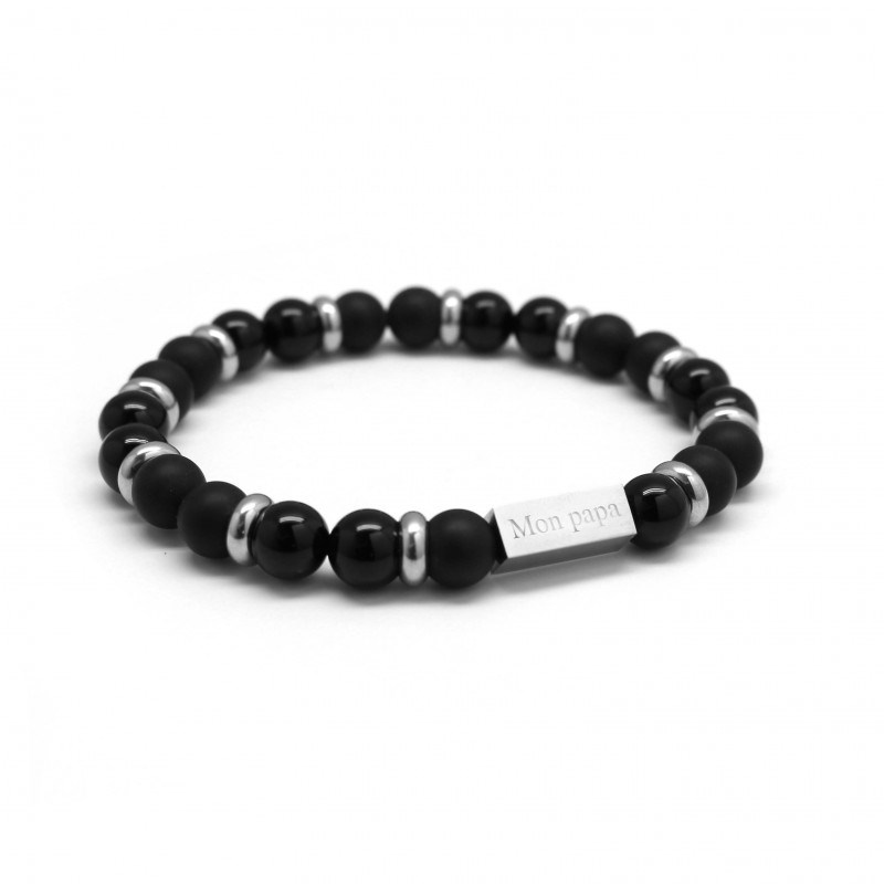 Bracelet perles agates noires - agates noires mates homme - gravure MON PAPA