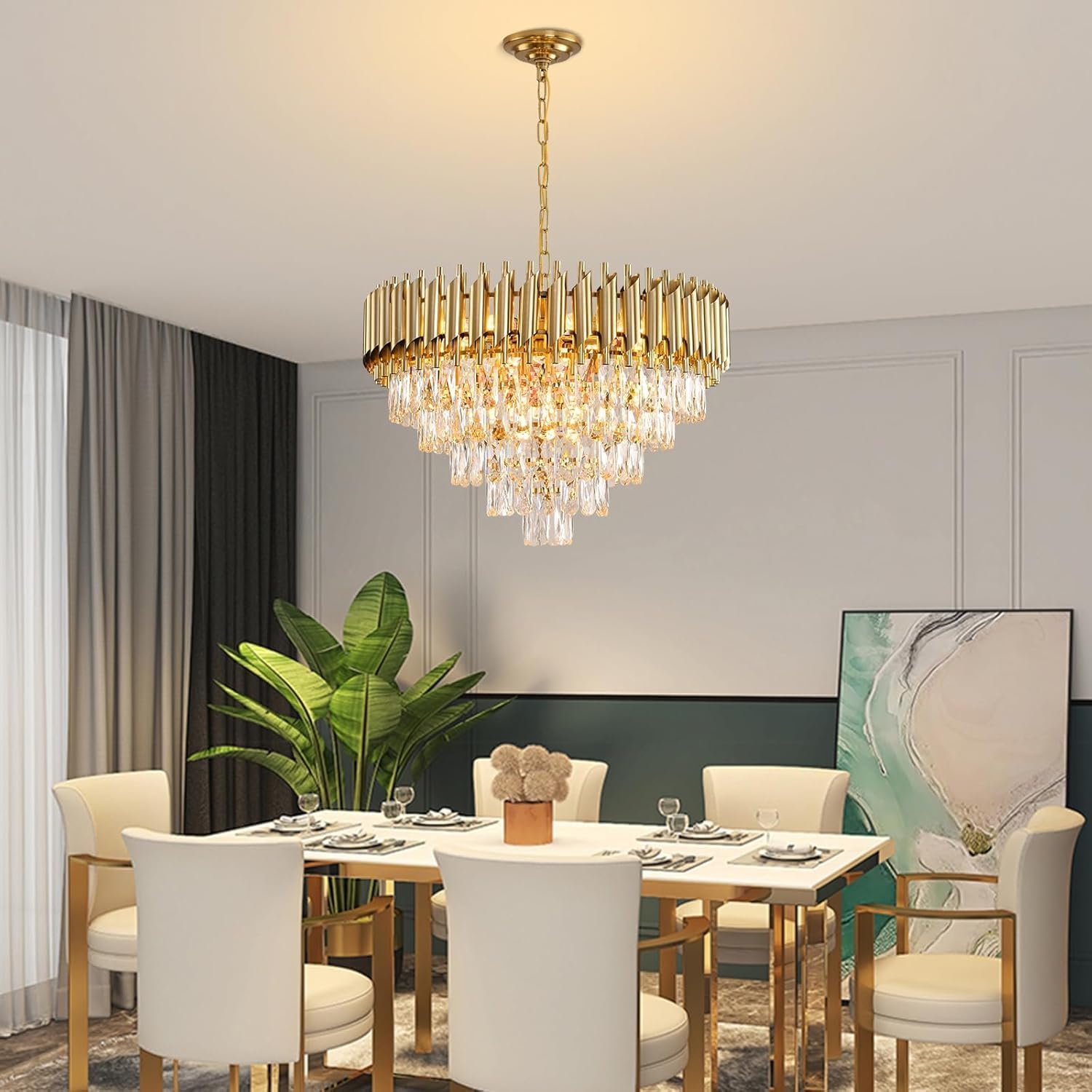 Gold Kristall Kronleuchter Moderne Runde Kronleuchter für Esszimmer 5-Stufen Decken Hängeleuchten Große Decken Kronleuchter für Foyer Wohnzimmer Schlafzimmer Foyer Eingang W60CM 12-Leuchten