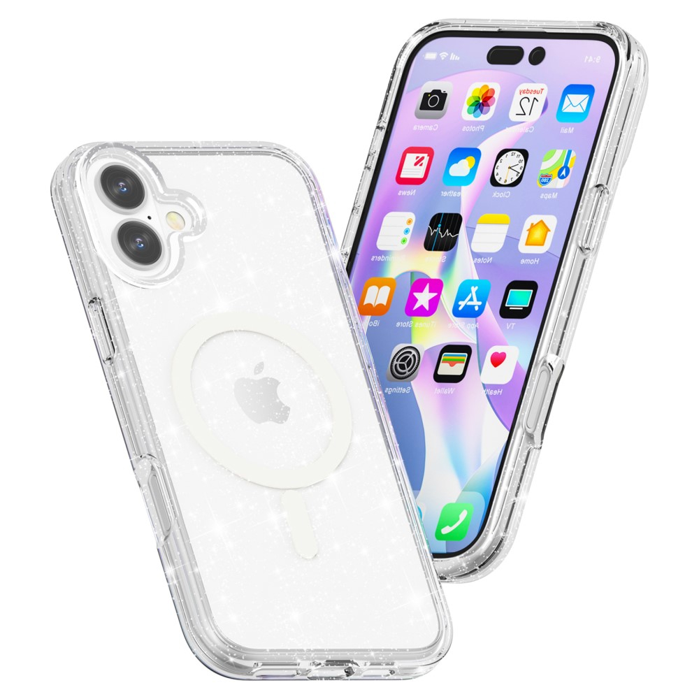 iPhone 16 MagSafe Hybrid Hardcase Schutzhülle im Glitzer Design - Silber / Transparent
