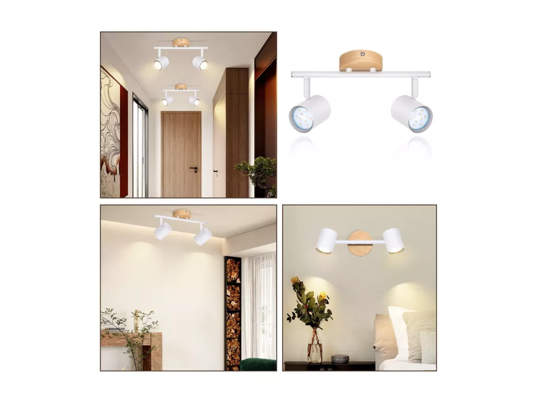 NETTLIFE Plafonnier LED 2 flamme - Blanc Plafonnier GU10 Spot pivotant Applique murale en bois Spot mural pour salon chambre Sans ampoule