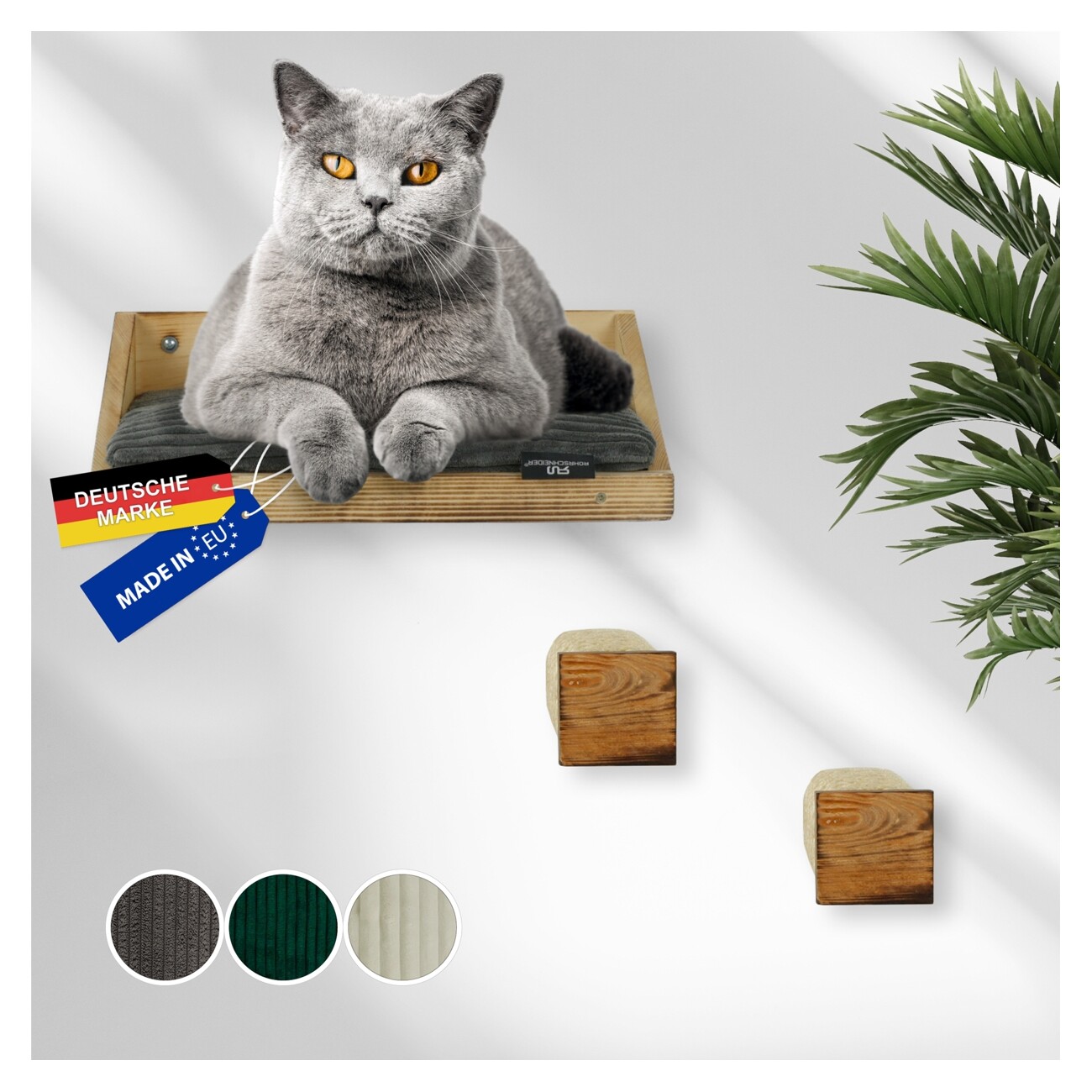 Rohrschneider ® Kletterwand Massiv, Wandelement, Katzenbett mit 2 Katzentreppen, waschbares Kissen dunkelgrau