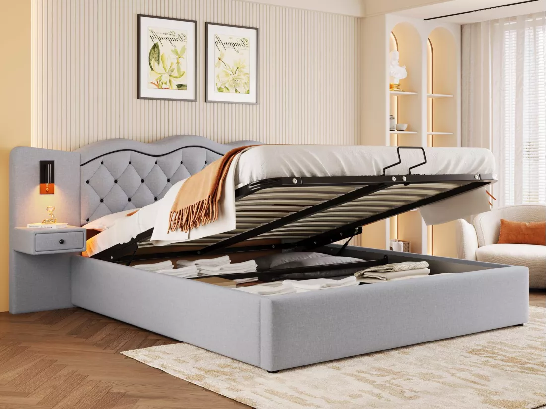 Lit coffre 160x200 cm en lin - 2 chevets de rangement avec prise USB et lampes - Gris