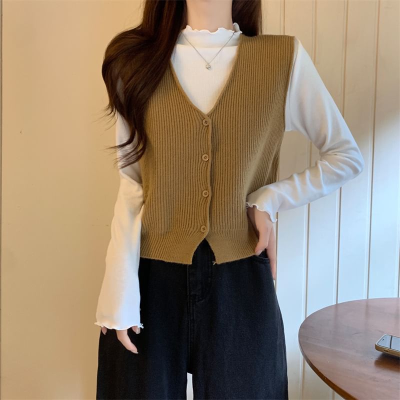 Allinya - V-hals geribbeld vest met knoopjes