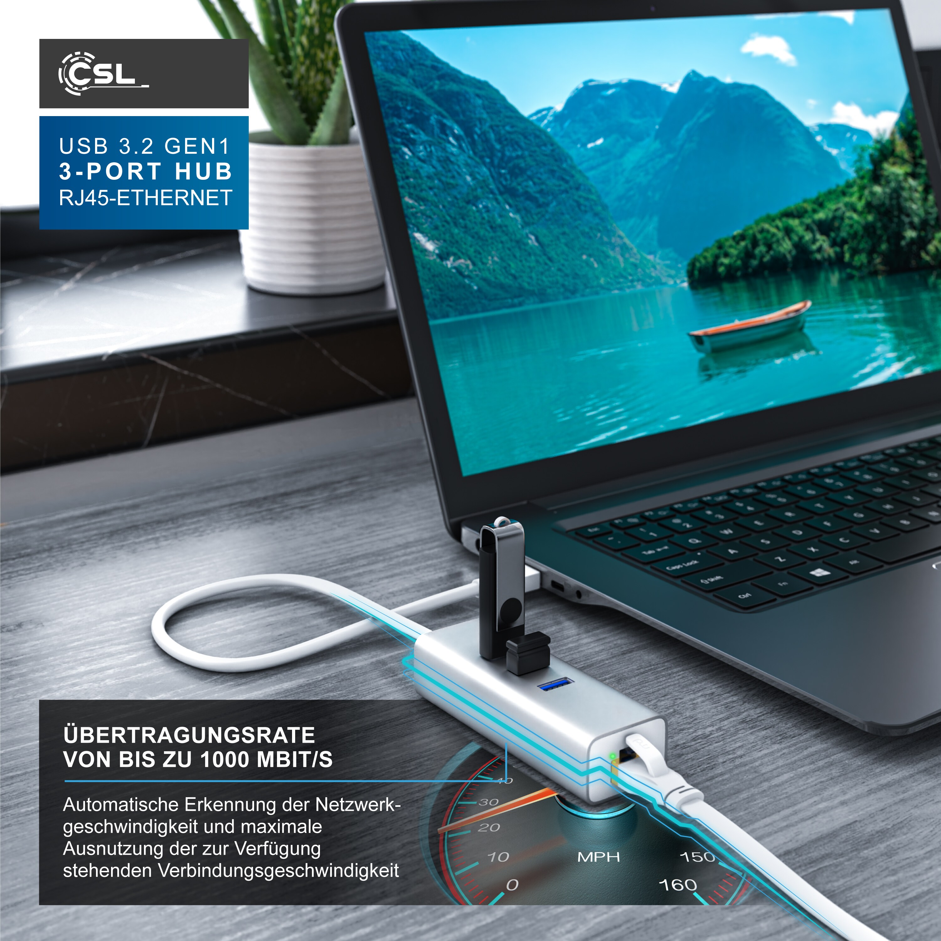 CSL 3-Port USB 3.1 Gen1 Verteiler inkl. Netzwerkadapter mit RJ45 Buchse / Aluminium Gehäuse