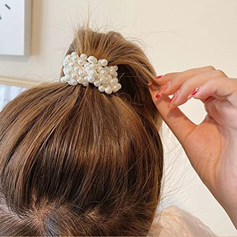 (Ø5cm) Scrunchies Elastischer Haargummi Haarschmuck Haarband Perlen - Silber / Gold