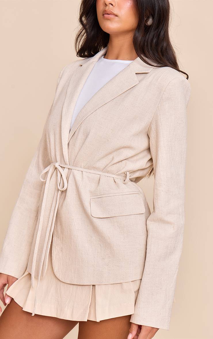 Gris Pierre Blazer Aspect Lin À Taille Nouée