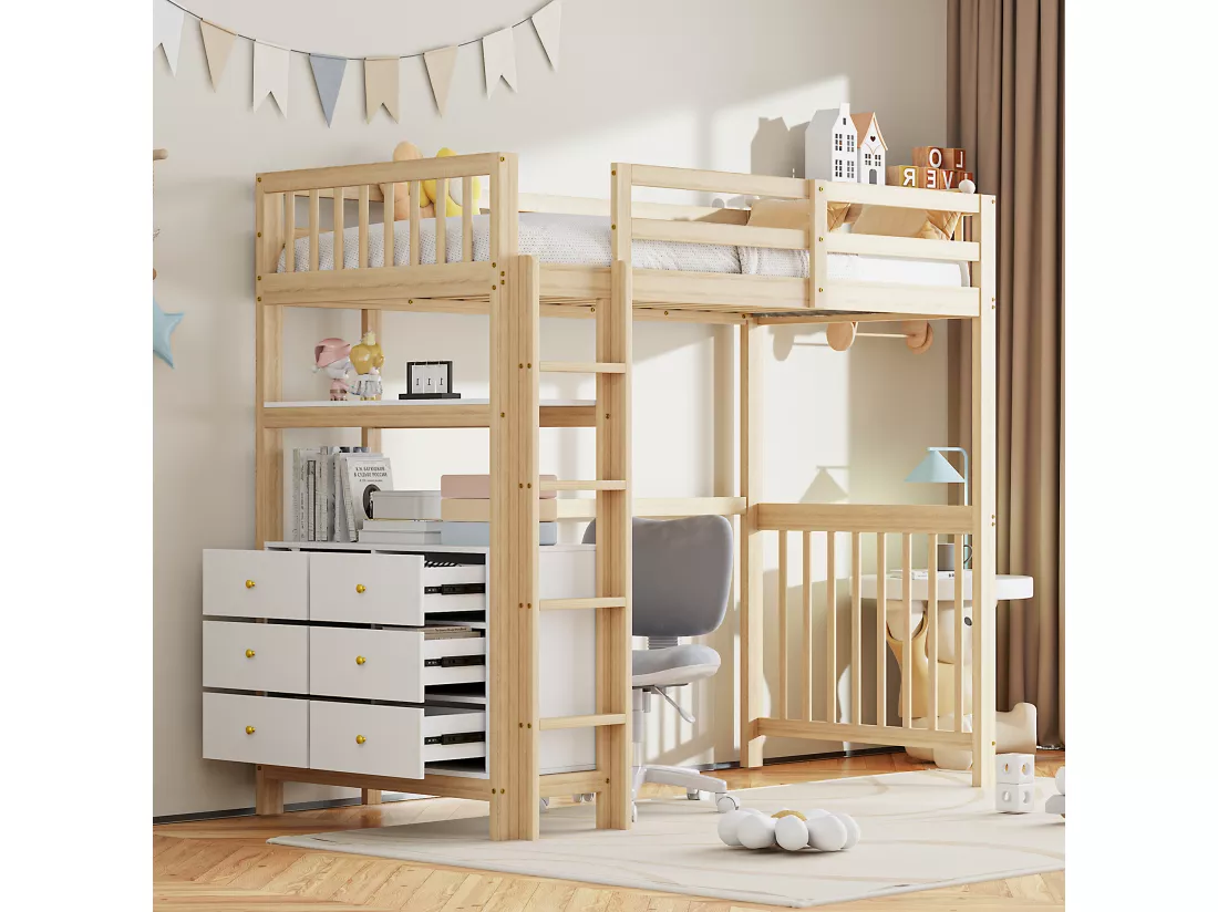 Lit mezzanine 90 x 200 cm avec avec bureau, étagère & 6 tiroirs - bois de pin et MDF - blanc et naturel (sans matelas)