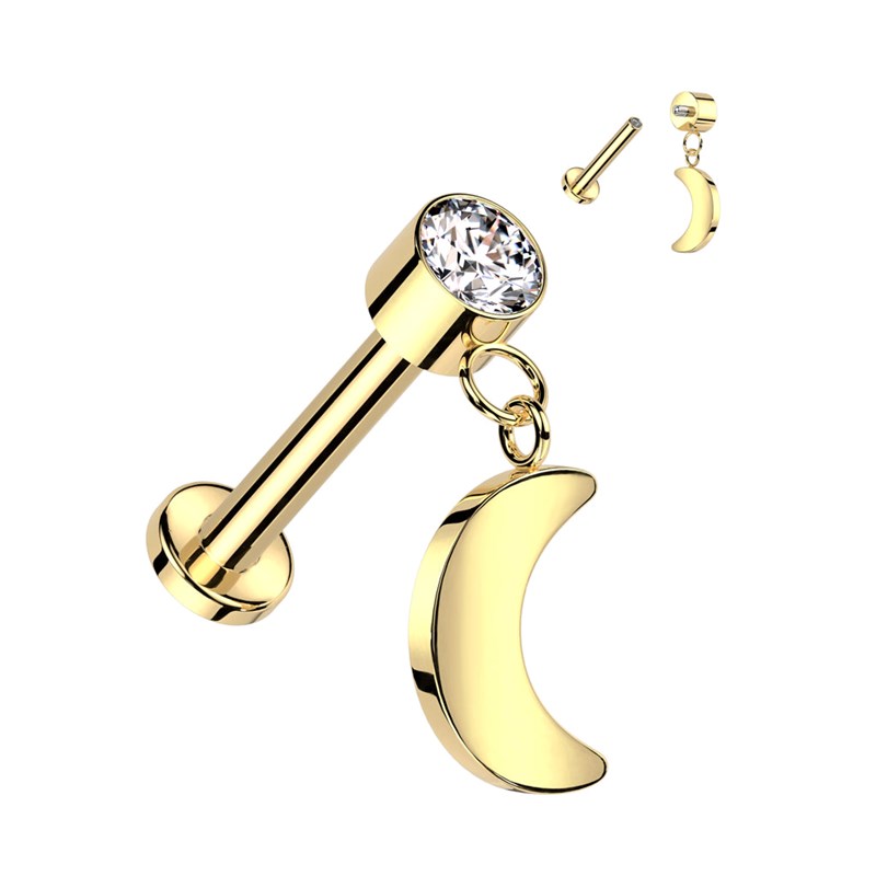 Piercing labret titane avec lune suspendue Pvd Gold