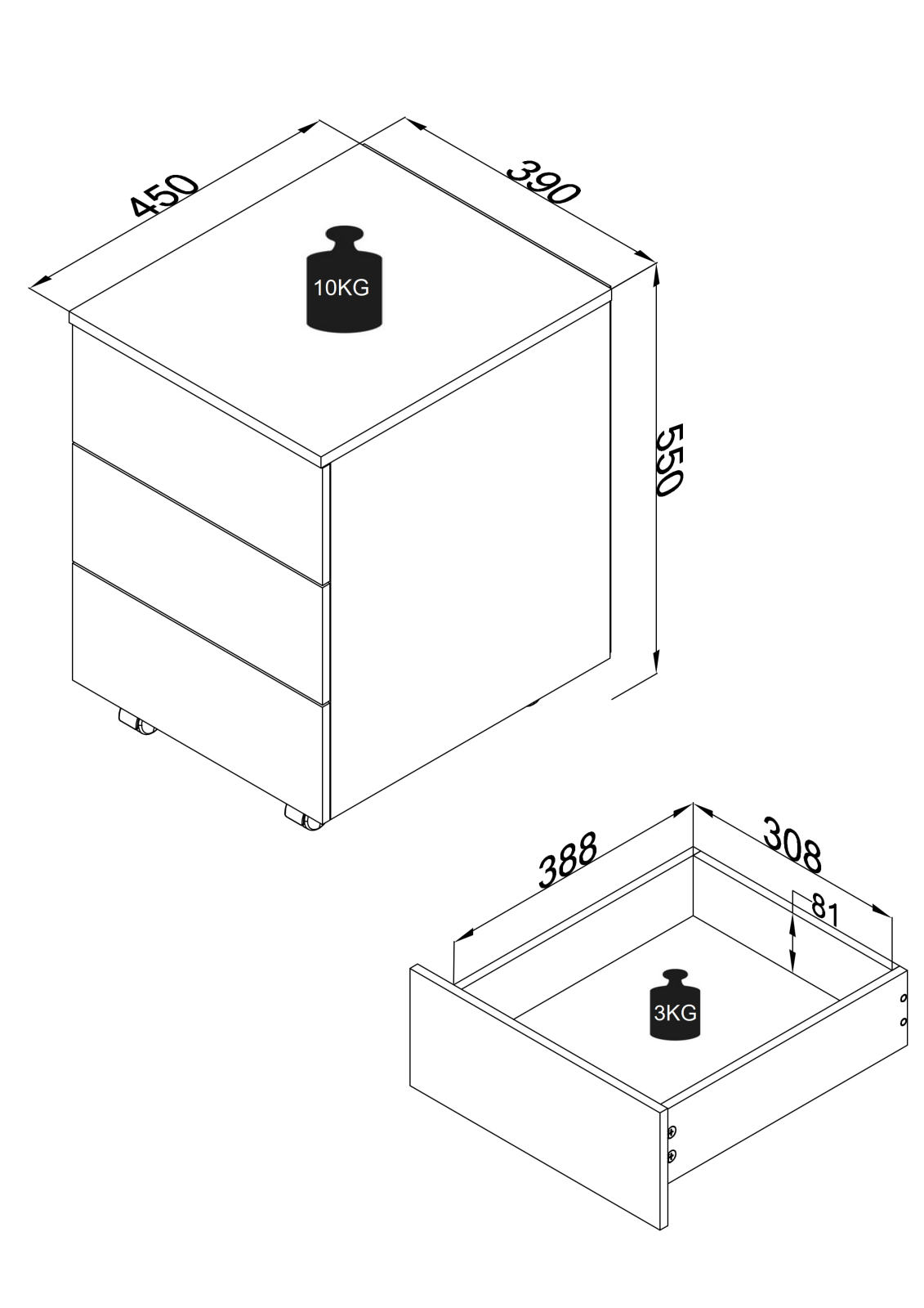 Rollcontainer DALOSA - grau - 3 Schubkästen - 39x45 cm