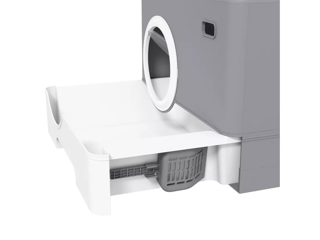 Maison de toilette chat porte battante et haute pelle PP gris blanc