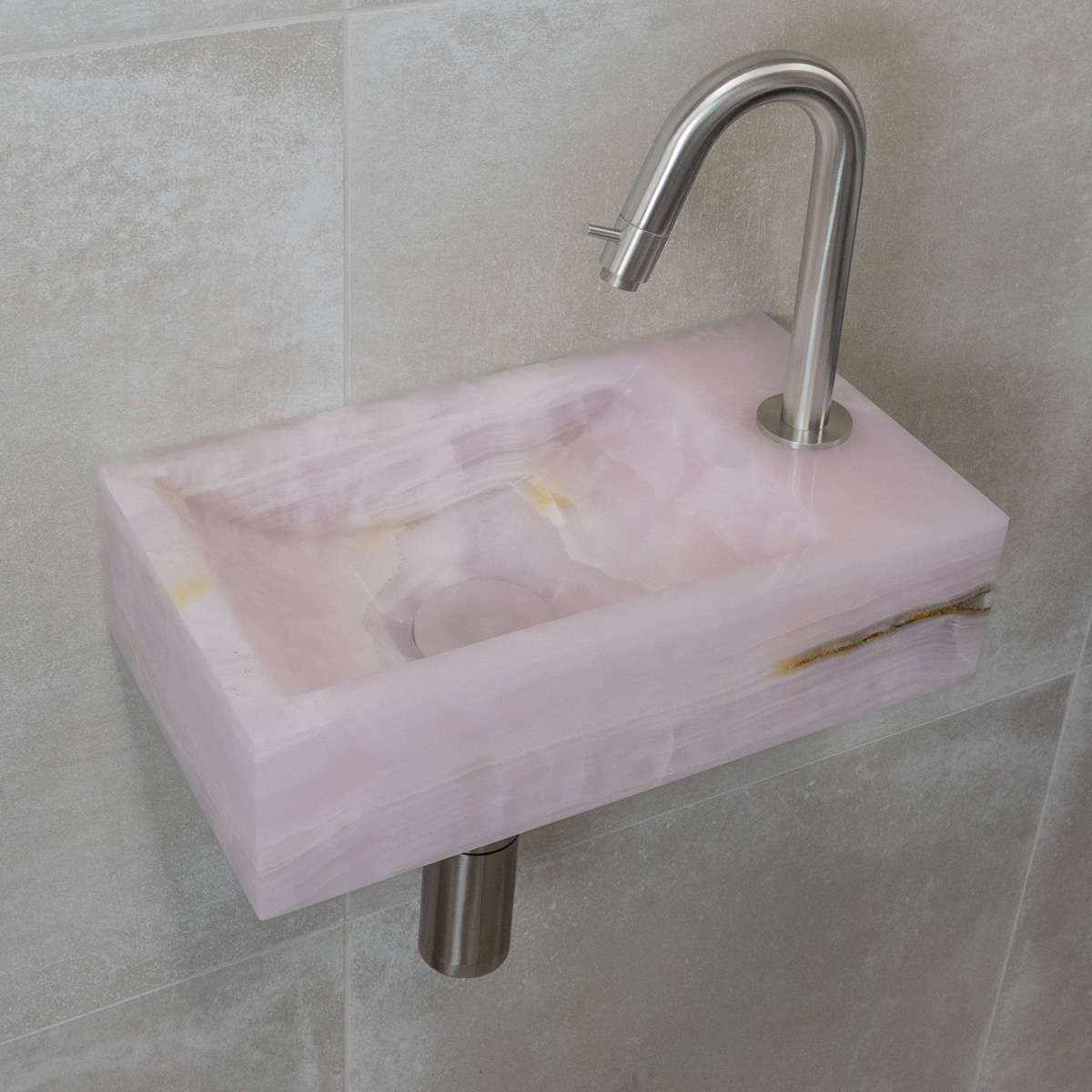 Saniclear Pink Onyx fonteinset met gebogen kraan in RVS