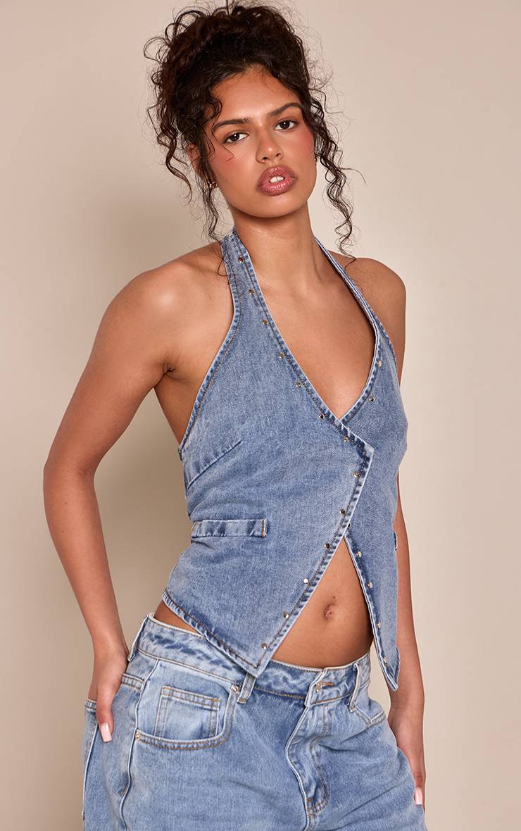 Mid Blue Wash Gilet En Jean À Clous Avec Col Licou