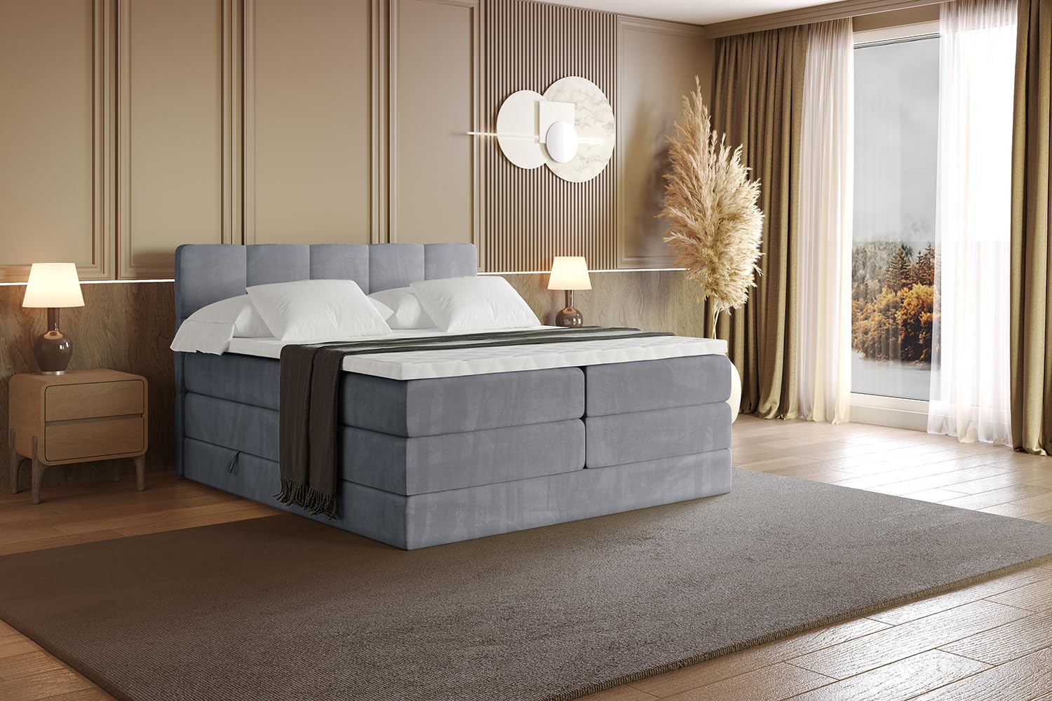 ALTDECOR Boxspringbett mit Matratze und Lattenrost, Topper, Polsterbett mit Bettkasten, Bett mit Stauraum H3- und H4- Matratze, Doppelbett, Springboxbett -LIRO KING-180x200 - Grau Casablanca