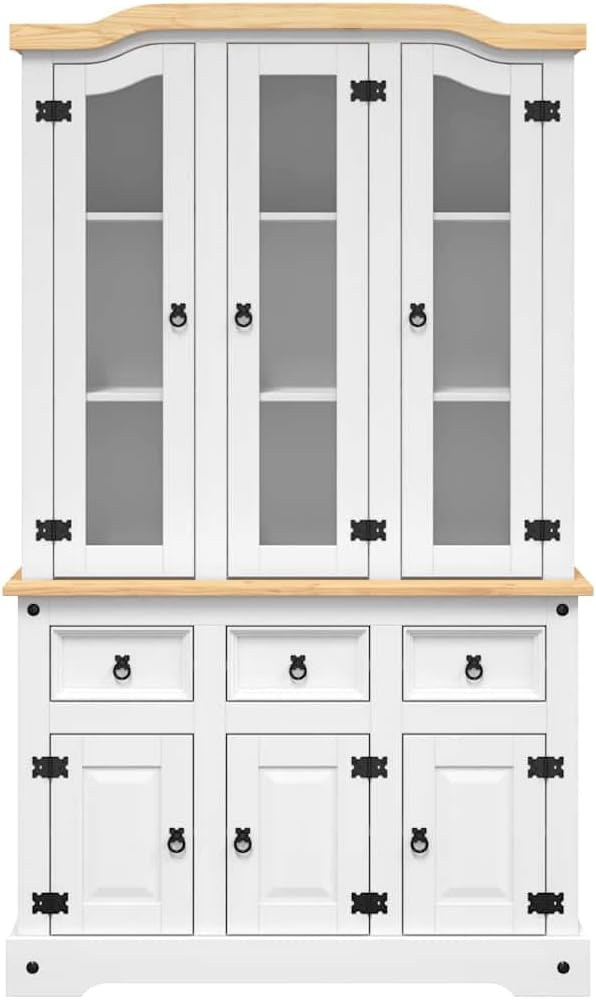 vidaXL Massivholz Highboard Anrichte Wohnzimmerschrank Vitrinenschrank Buffetschrank Landhaus Corona 112x43x196 Weiß Mexikanische Kiefer