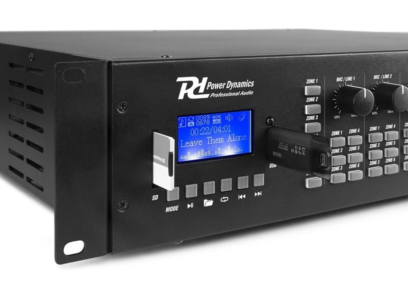 Power Dynamics Verstärker Pro PRM606 100 V, 6x 60 W 6-Kanal Verstärker mit Bluetooth, MP3-Player, Mikrofoneingang und verstellbarer Ausgangsleistung