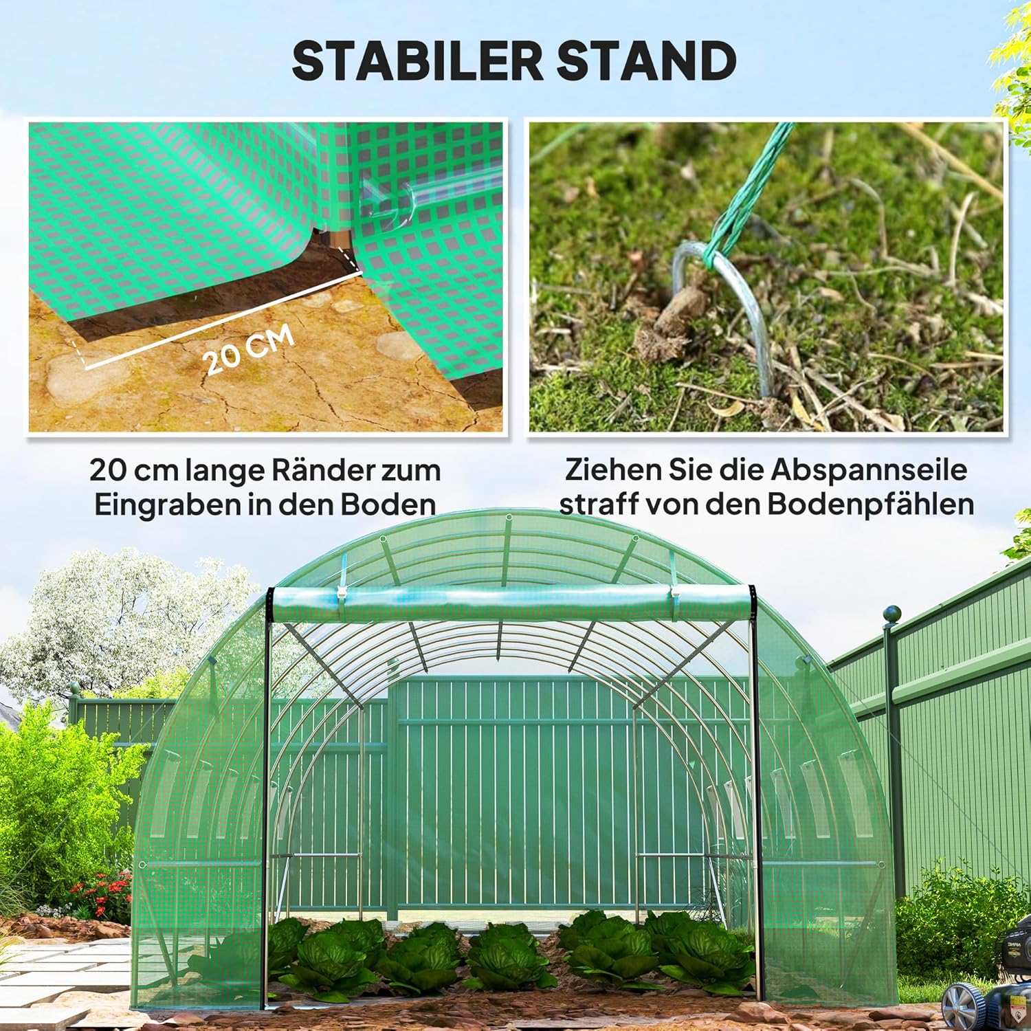 Outsunny Gewächshaus 300x600x200cm Foliengewächshaus Tomatenhaus mit Tür, 12 Fenster, Folientunnel aus verzinktem Stahl, 170g/m² PE, stabiles pflanztunnel, Treibhaus inkl. Erdanker & Seilen, Grün