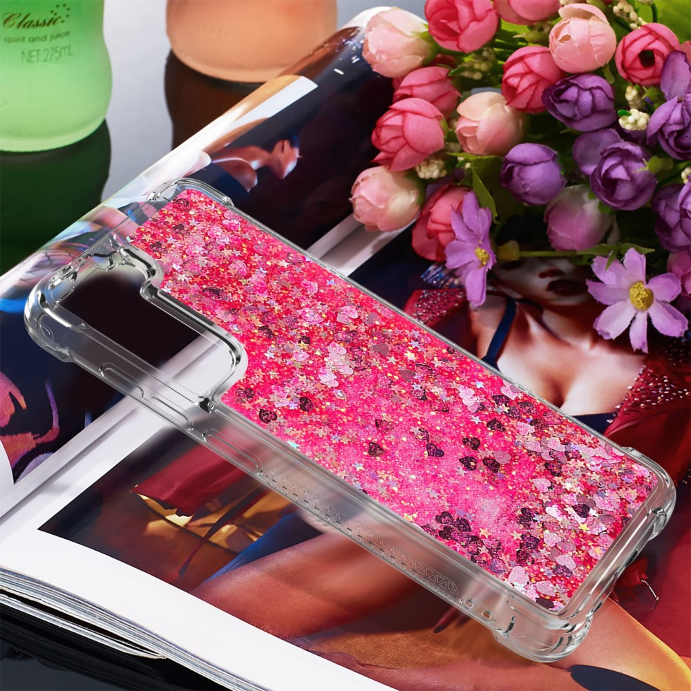 Samsung Galaxy S21 FE 5G Hardcase Hülle mit Air Cushion Fallschutz Liquid Case Glitzer Herzen - Pink / Transparent