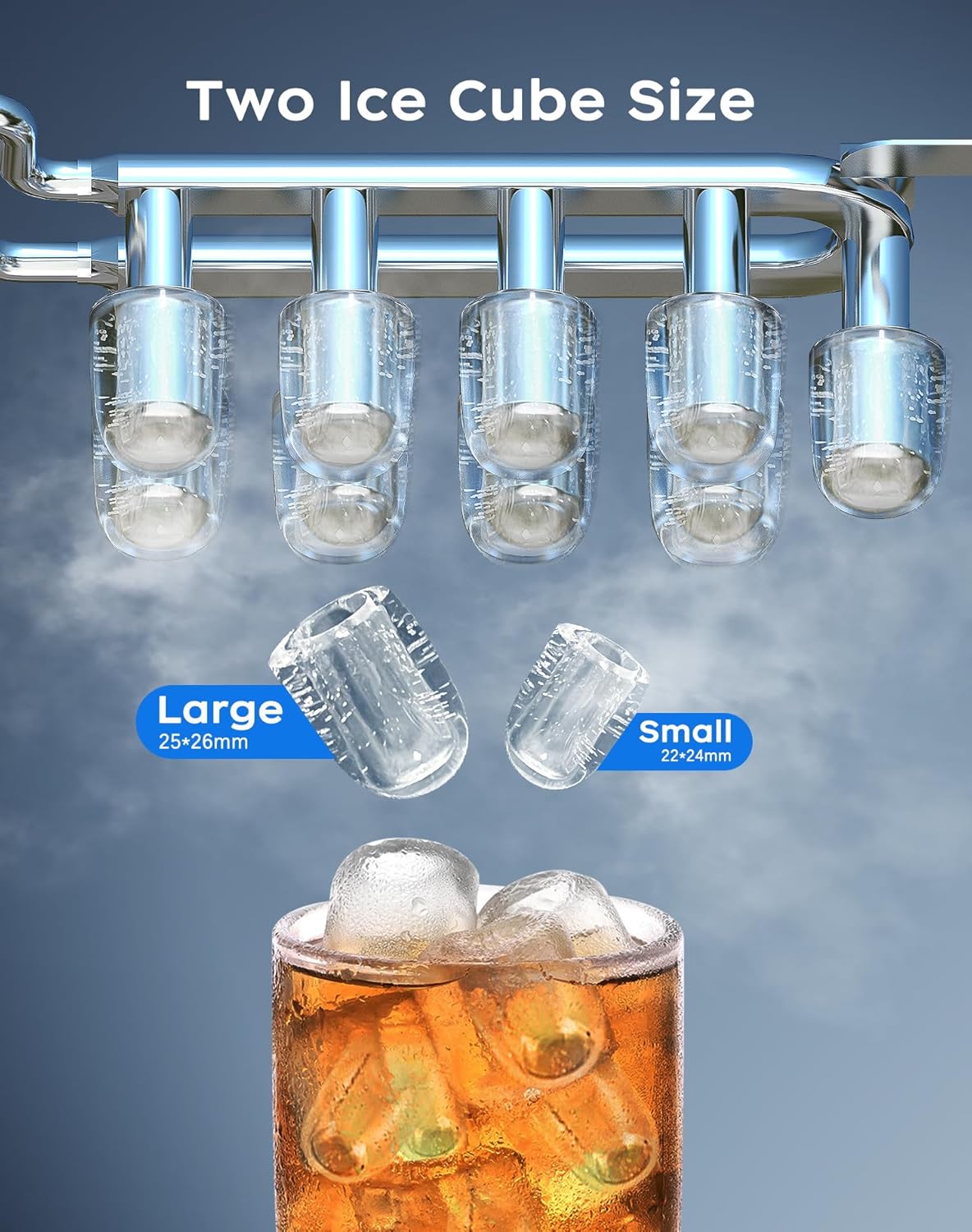 Edelstahl Eiswürfelmaschine mit LED-Display Eismaschine Eiswürfelbereiter und Reinigungsfunktion 2L Wassertank inklusive Eisschaufel und Korb 2 Eiswürfel Größen für Küche Büro Bar und Party