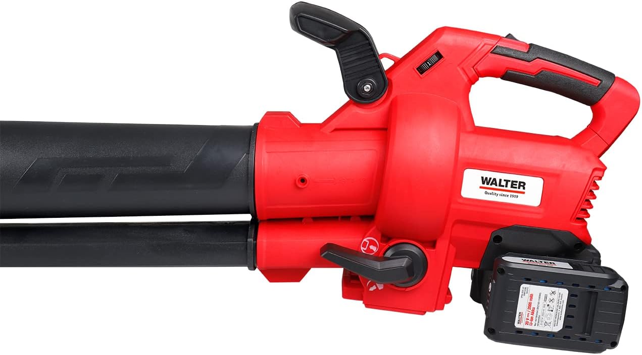 WALTER Professional Li-Ion Akku-Laubbläser und Laubsauger 40V, Blasgeschwindigkeit: 160-210 km/h, Einsaugvolumen 10,3 m³/ min, Laubsackkapazität: 45 l, geringes Gewicht von nur 3,4 kg, inkl. Tragegurt