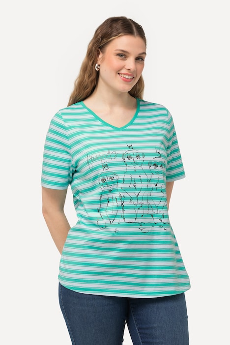 T-Shirt, Ringel, Metallic-Tiermotiv, V-Ausschnitt, Halbarm
