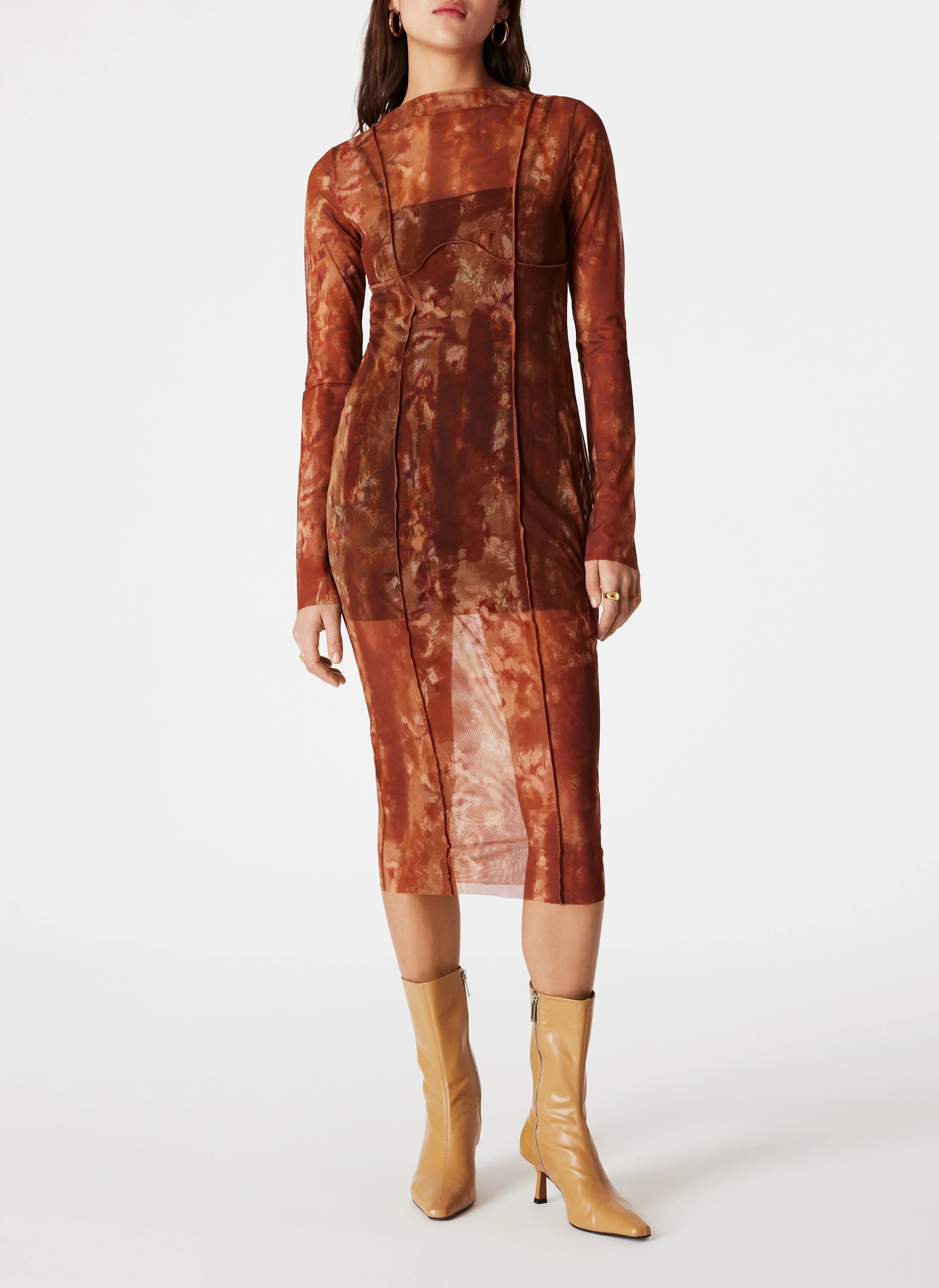 PETRA - Robe moulante en tulle| Marron